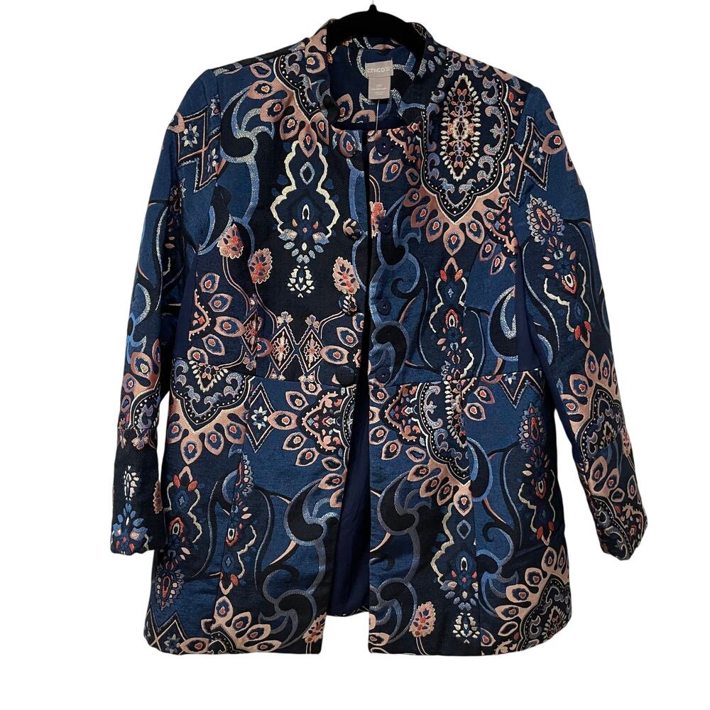 Chicos Blue Gold Metallic Brocade Mandarin Collar Blazer Jacket Women 0P/4P/SP